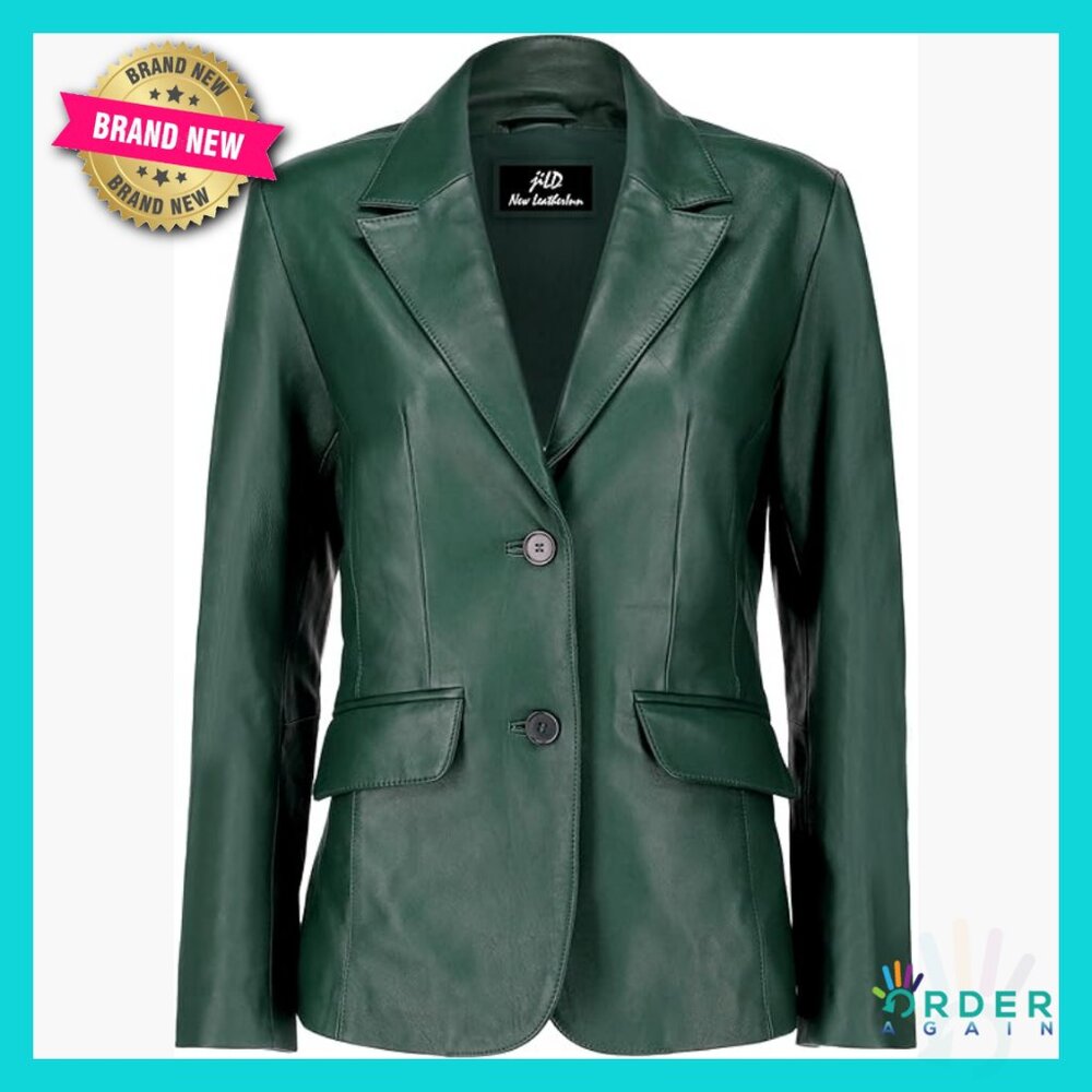 Classic Lambskin Leather Blazer Notch Collar Two Button Professional Chic